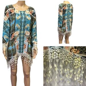 Harlow Zee Floral Lightweight Flowy Crochet Lace Fringe Tunic Blouse Top Small